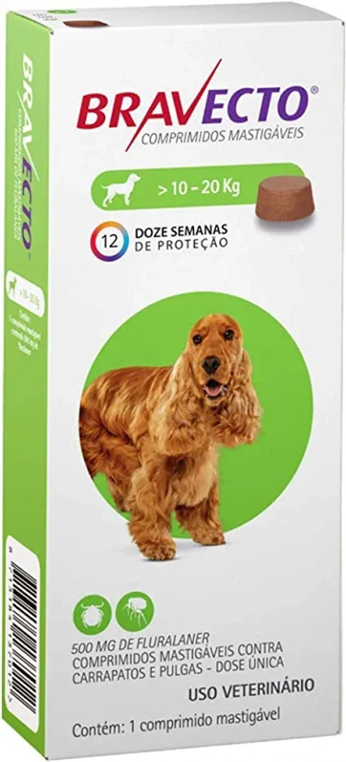 Bravecto 500mg de 10 a 20kg da marca MSD no Pet Shop Bichos & Cia em Ubá